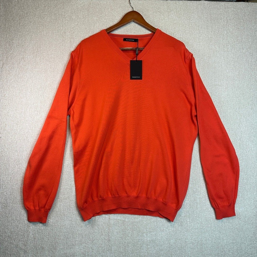 Bugatchi NEW Mens XL Coral Orange V-Neck Cotton Sweater Made in Italy Grandpa